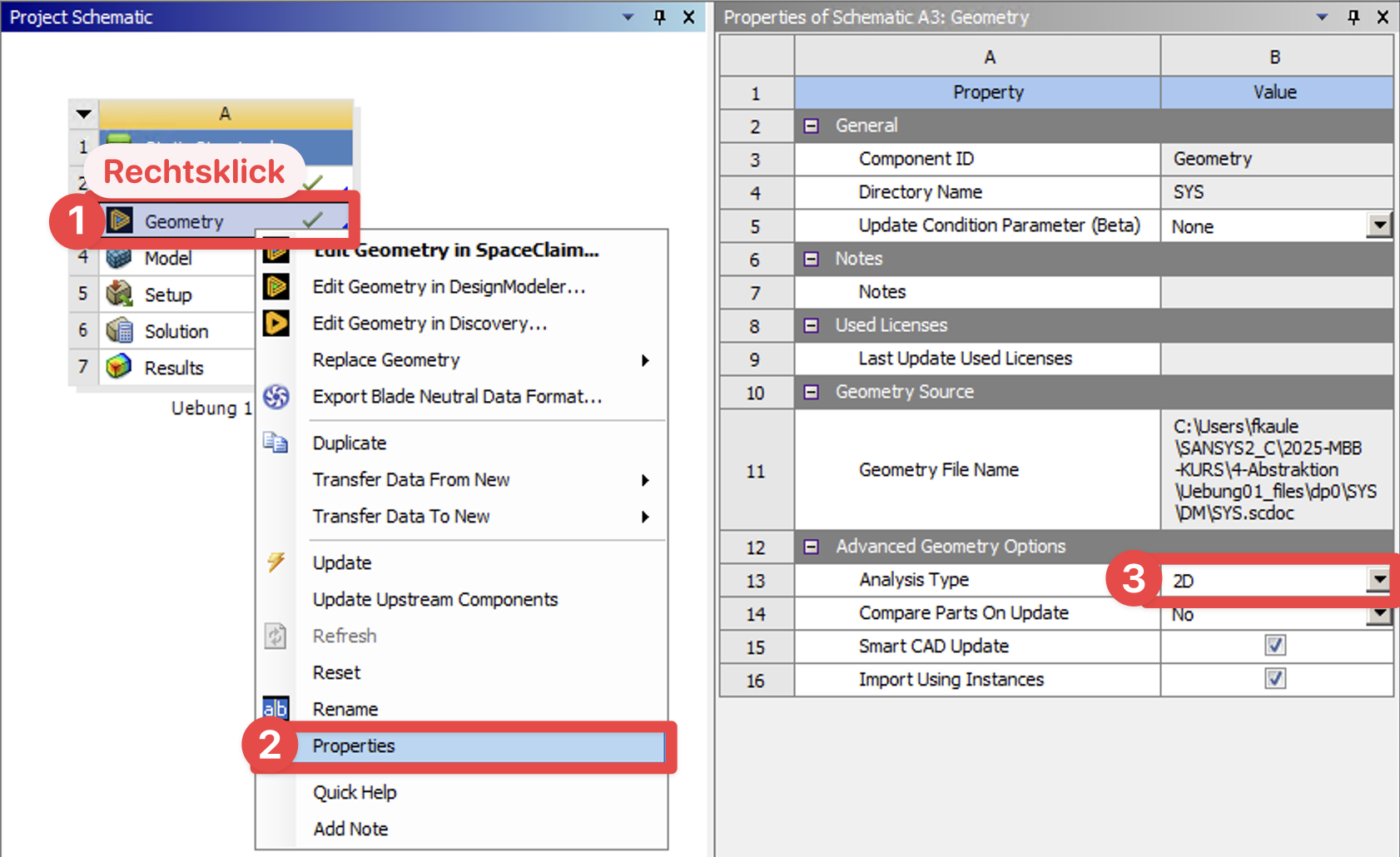 Einstellung WB Projektmenü für Geometry